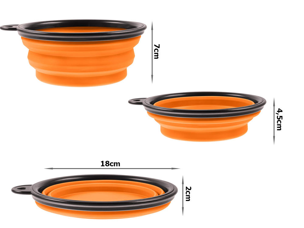 Oranžinis sulankstomas kelioninis dubenėlis šuniui L 800 ml su karabinu ir maistu