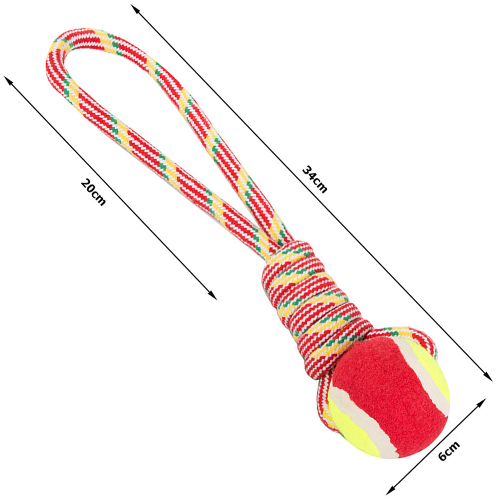 Virvinio tampymo žaislo šuniui matmenys 34 cm su 6 cm kamuoliuku